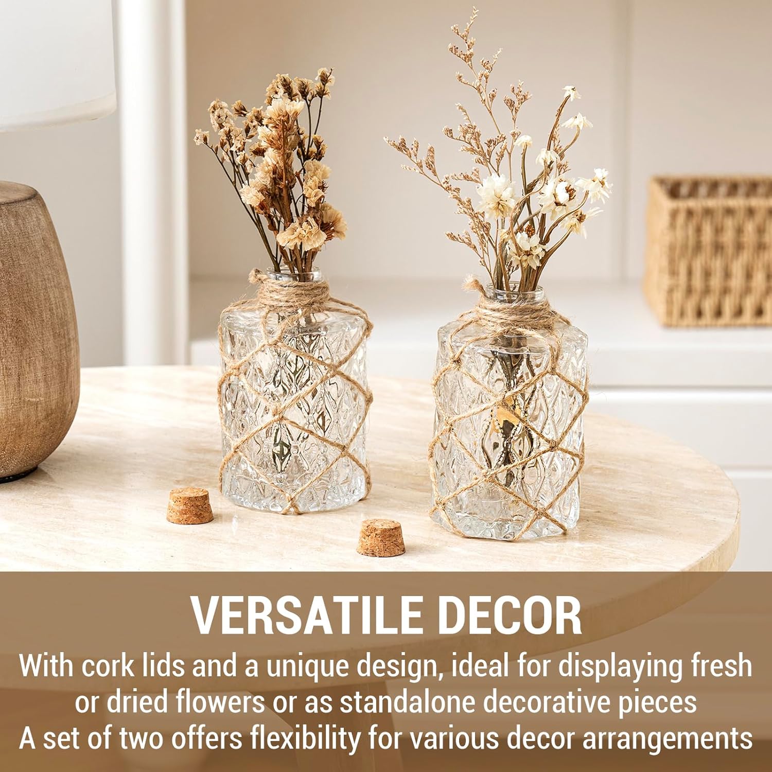 MyGift Set of 2 Rustic Embossed Glass Bud Vases with Cork Lids and Hand-Woven Hemp Rope – Apothecary Style Decorative Bottles for Farmhouse, Vintage, or Boho Home Decor